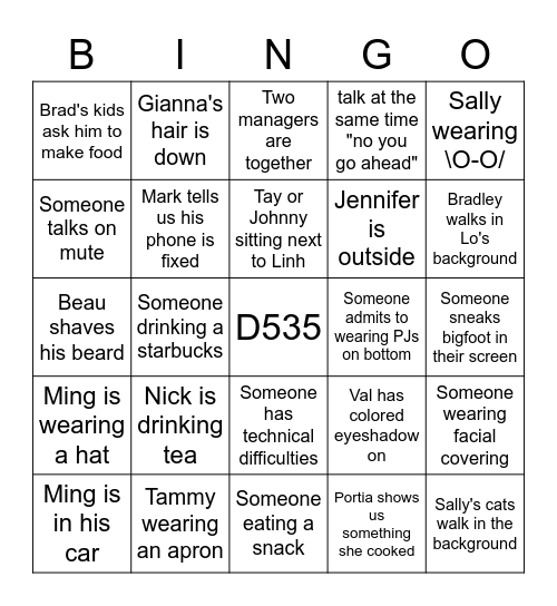 D535 Video Call Bingo Card