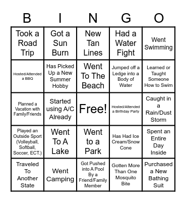 Summer Activities 2022 Bingo Card