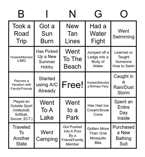 Summer Activities 2022 Bingo Card