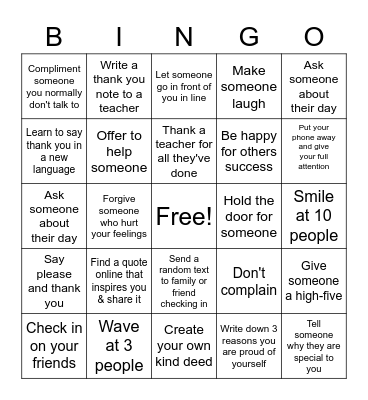 Random Acts of Kindness Bingo Card