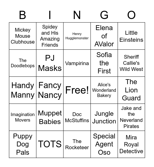 Disney Junior Shows Bingo Card