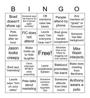 Saturday Attorney Meeting Bingo Card