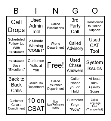 Call Center Bingo Card