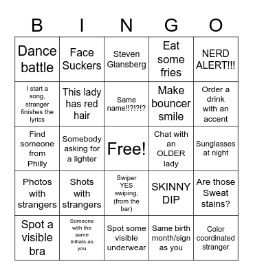 Jean’s Bachelor Weekend Bingo Card