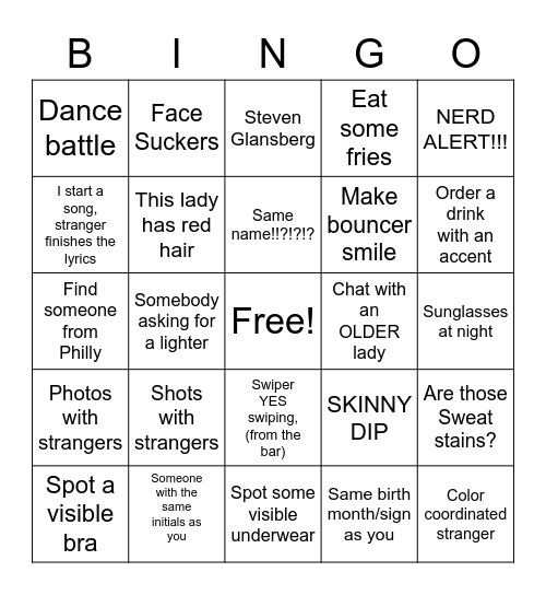 Jean’s Bachelor Weekend Bingo Card