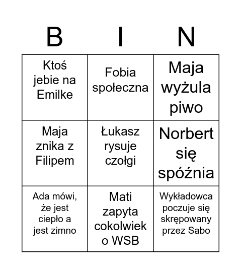 Wyższe Srakas Bingo Card