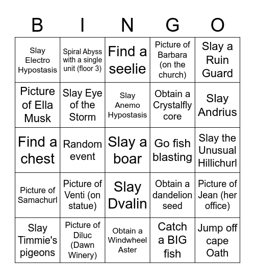 Genshin Bingo Card