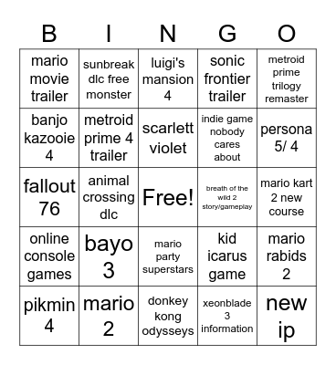 e3 nintendo card Bingo Card