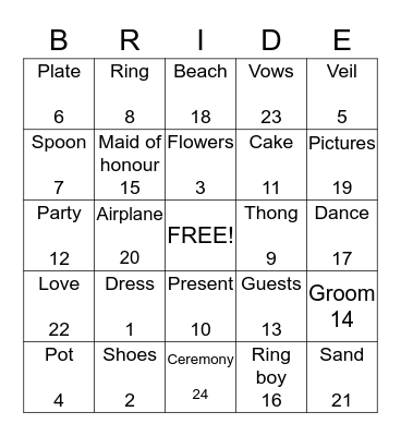 Bridal shower Bingo Card
