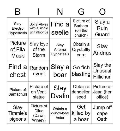 Genshin Bingo Card