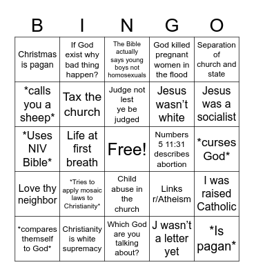 Debating an Internet Atheist Bingo Card