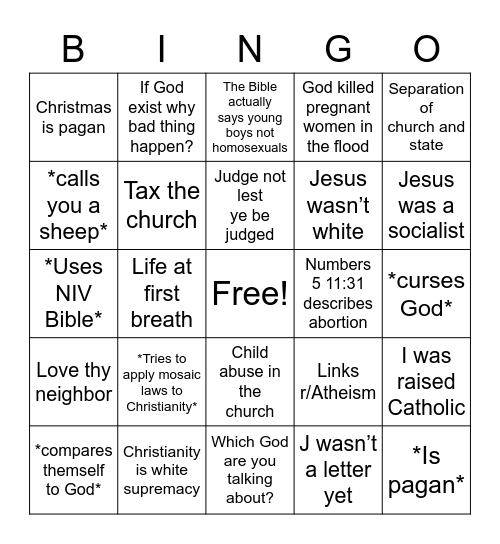Debating an Internet Atheist Bingo Card