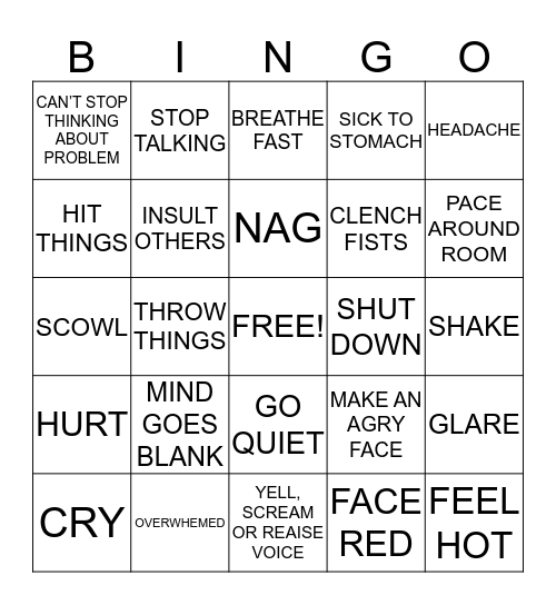 ANGER WARNING SIGNS BINGO Card