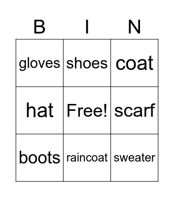 Cold weather clothes Bingo Card