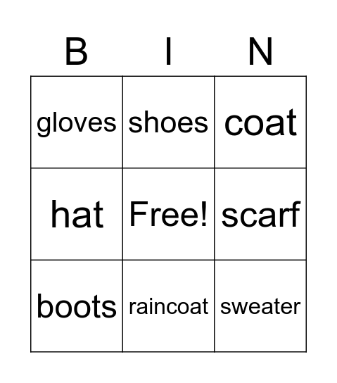 Cold weather clothes Bingo Card