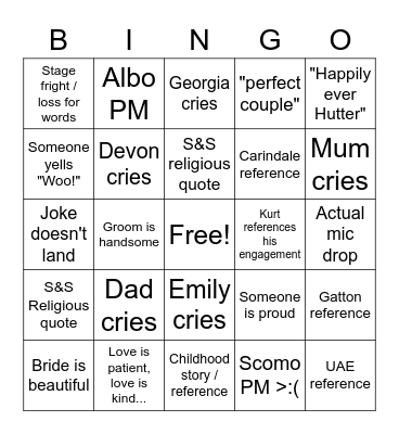 GB Wedding Speech Bingo Card