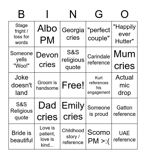 GB Wedding Speech Bingo Card