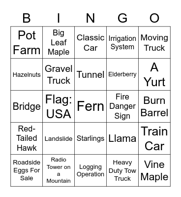 Oregon Road Trip Bingo Card