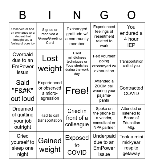 Craziest School Year EVER Bingo Card