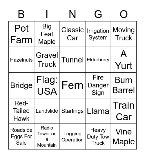 OREGON ROAD TRIP Bingo Card