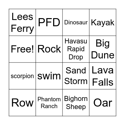 Grand Canyon Bingo Card