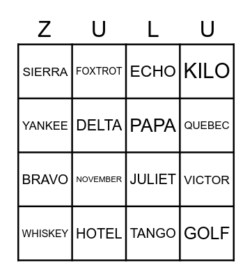 Phonetic Alphabet Bingo Card