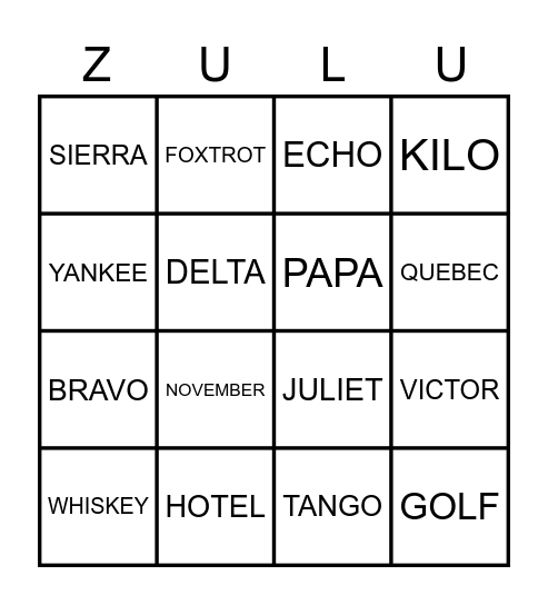 Phonetic Alphabet Bingo Card
