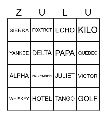 Phonetic Alphabet Bingo Card