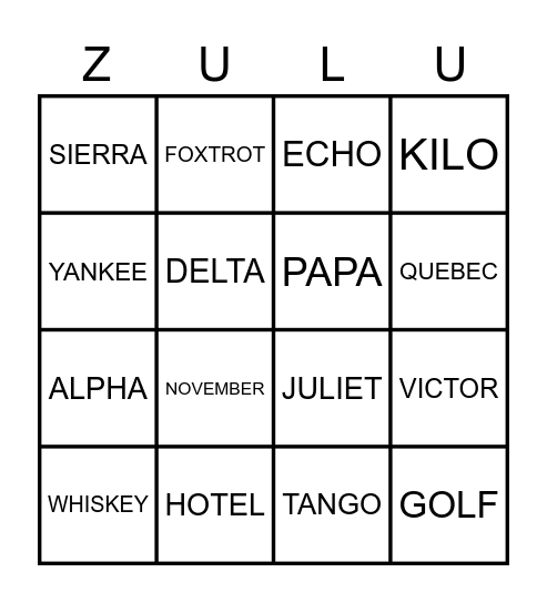 Phonetic Alphabet Bingo Card