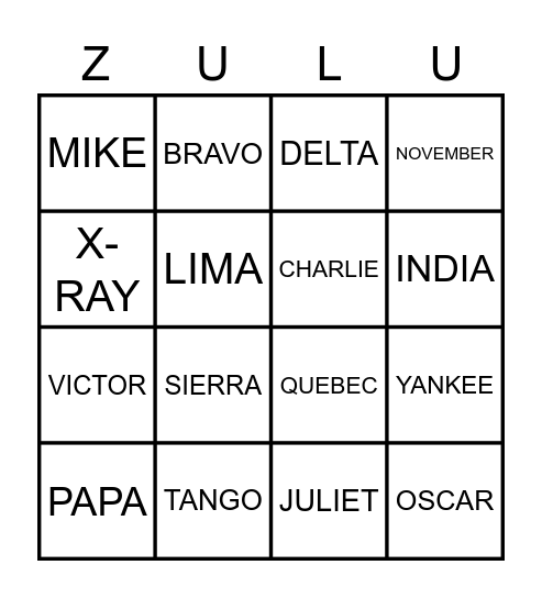 Phonetic Alphabet Bingo Card