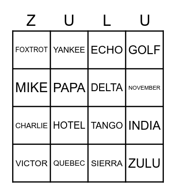 Phonetic Alphabet Bingo Card