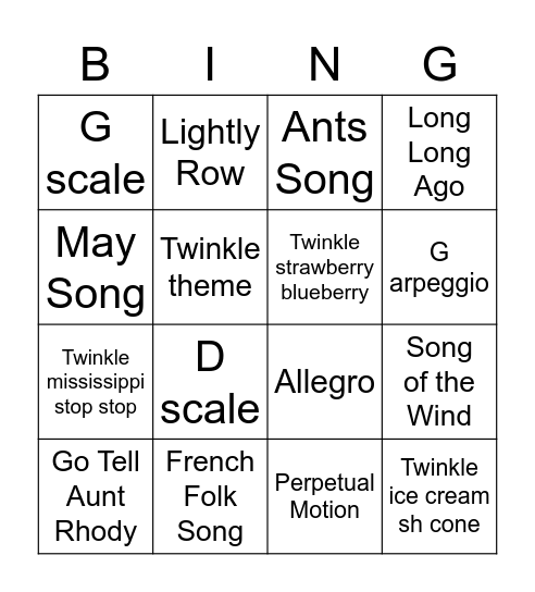 Cello Group Class Bingo Card