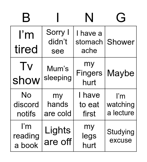 Marina’s excuses Bingo Card