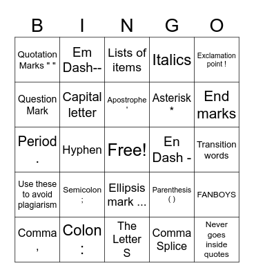 Punctuation Review Bingo Card