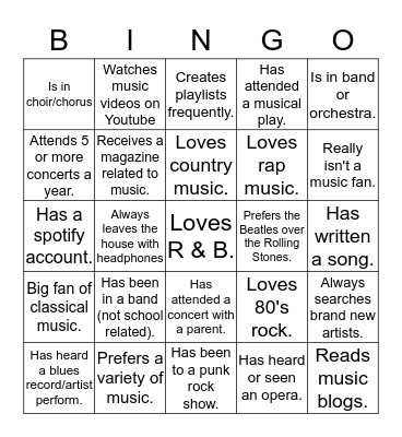 Musical BINGO Card