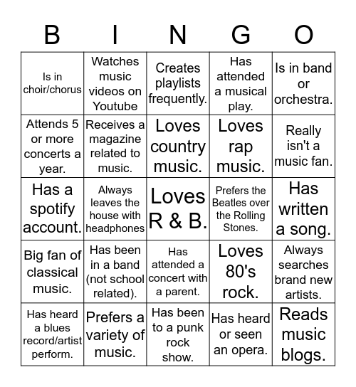 Musical BINGO Card