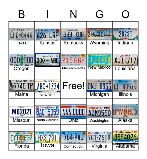 License Plate Bingo Card