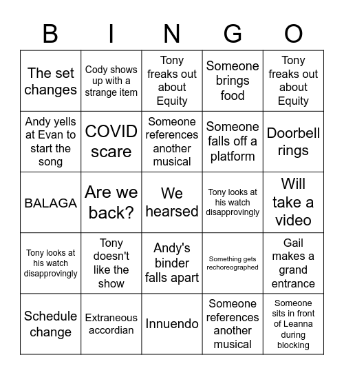 Great Comet Rehearsal Bingo Card