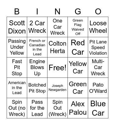 Indy 500 Bingo Card