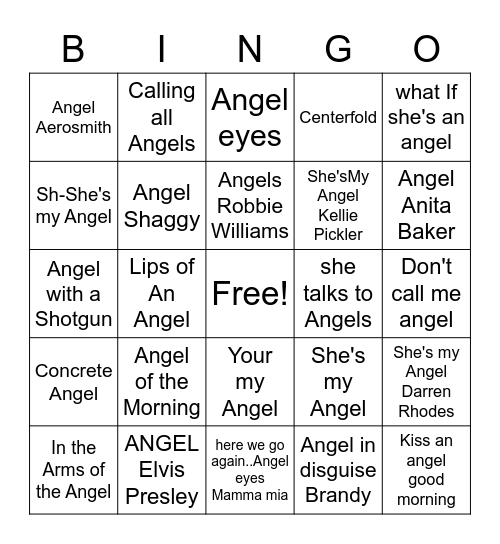 Songs with Angel Bingo Card