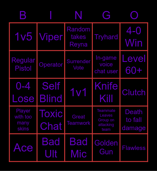 Valorant Bingo Card