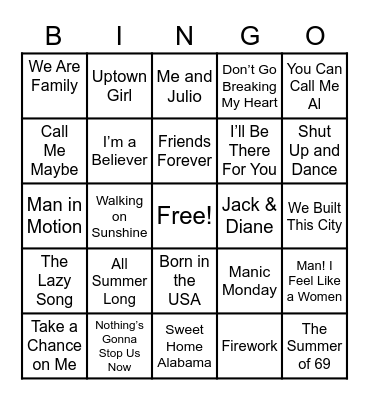 Sing Along in the Shower Music Bingo Card