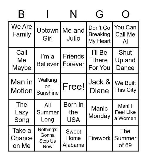 Sing Along in the Shower Music Bingo Card