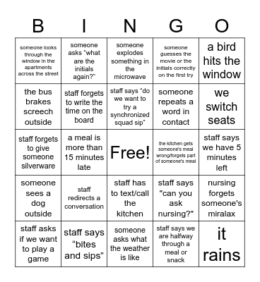 Ontario Dining Room Bingo Card