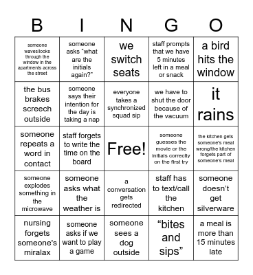Ontario Dining Room Bingo Card