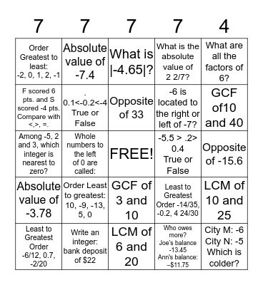 Number System Objective page 2 Bingo Card