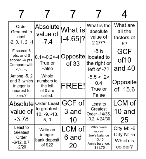 Number System Objective page 2 Bingo Card