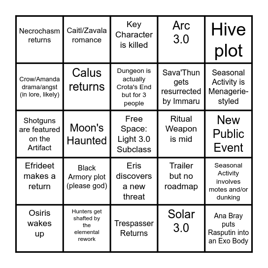 Destiny 2 Season 17 Bingo Card