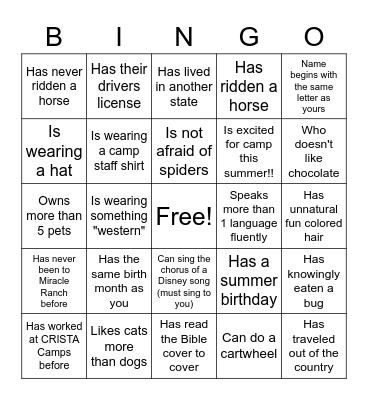 Miracle Ranch High School Leadership Dinner Bingo Card
