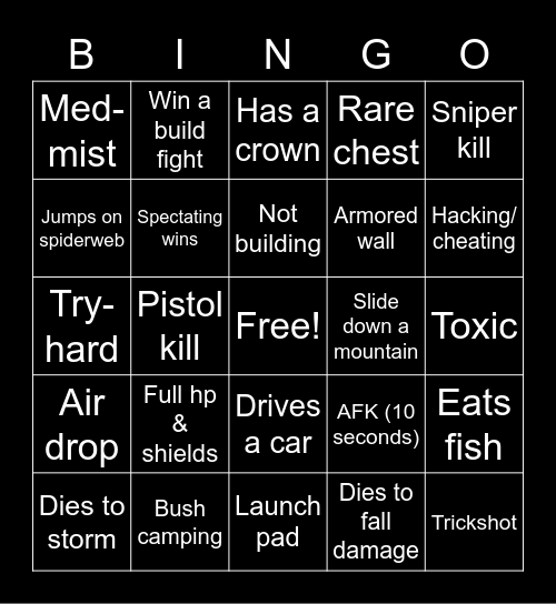 Fortnite spectating bingo Card